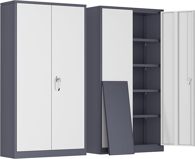 Greenvelly Metal Garage Storage Cabinet, Tall Steel Storage Cabinets with 2 Doors and 4 Adjustable Shelves, Metal Tool Cabinets, Locking File Cabinet for Home Office, Garage, School (Gray White)