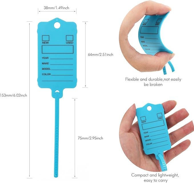 50 Car Key Tags with Labels Plastic Car Dealership Key Tags Self Locking Automotive Identifiers Blank Shop Labels with One Pen (Blue)