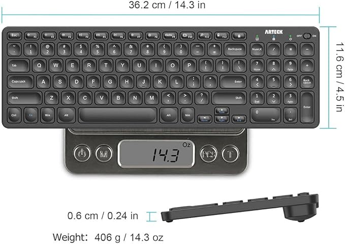 Arteck 2.4G Wireless Keyboard Ultra Slim Full Size Keyboard with Numeric Keypad and Media Hotkey for Computer/Desktop/PC/Laptop/Surface/Smart TV and Windows 10/8/ 7 Built-in Rechargeable Battery
