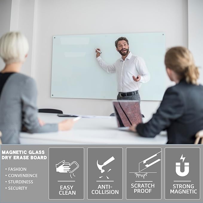Glass Magnetic White Board - 72 x36 Inches Dry Erase Whiteboard for Wall, Frameless Wrting Board for Display, Large Wall Mounted Glass Board for School, Office and Home