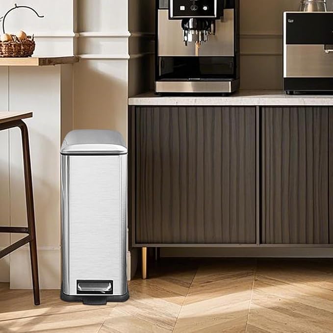 12 Gallon Slim Kitchen Trash Can, Metal Trash Can with Removal Inner Bucket and Soft-Close Lid, Foot Pedal, Stainless Steel Garbage Can 45 Liter, Silver