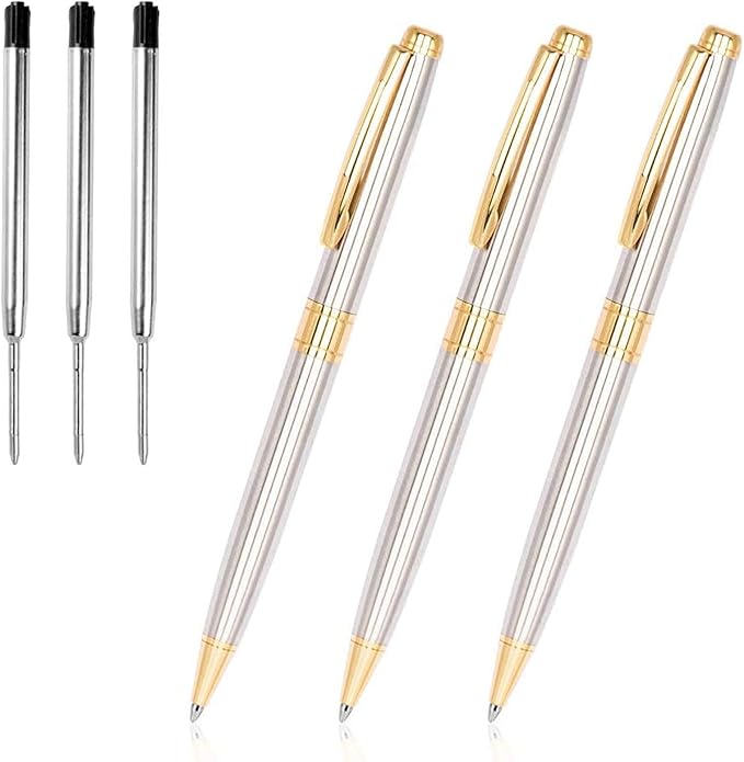Cambond Ballpoint Pens Black Ink Pens - Gold Bulk Pen Gift for Men Women Police Retractable Smooth Writing Pen Pack Black Ink 1.0 mm Medium Point,3 Pens with 3 Refills (Gold)