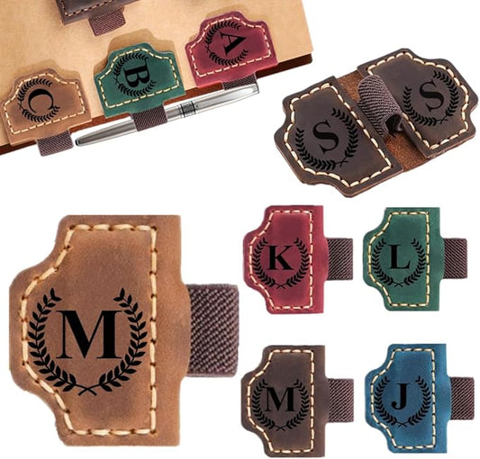 Custom Bookmark with Pen Holder with 26 Letters Personalized Magnetic Leather Book Mark, Customized Name Book Marker Clip with Initial for Men Women, Gifts for Book Lovers, Readers, (Brown, M)