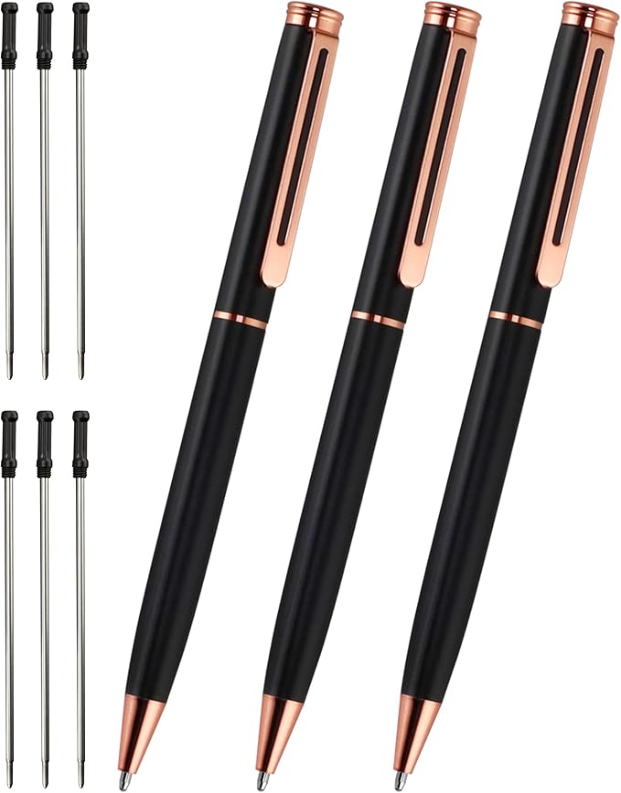 Cambond Ballpoint Pens Black Pen - Bulk Metal Pen Black Ink 1.0 mm Medium Point Rose Gold Pens for Men Women Police Uniform Office Business, 3 Pens with 6 Refills (Black)