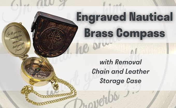 Brass Compass Engraved with Religious Scripture Verse - Ideal Gift for Son, Grandson, Daughter - Perfect for Baptism, Communion, Church and Graduation Day Present