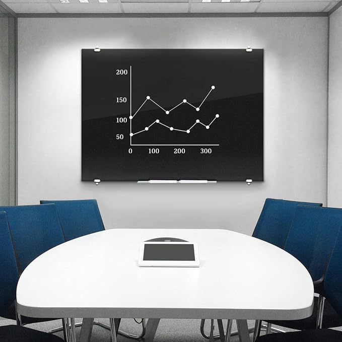 2-in-1 Black Glass Dry Erase Board 60" x 48" - Large Splicing Magnetic Tempered Glass Whiteboard for Wall, Frameless Glass Blackboard Bulletin Board for Office, Home, School