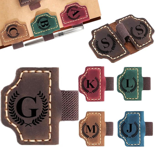 Custom Bookmark with Pen Holder with 26 Letters Personalized Magnetic Leather Book Mark, Customized Name Book Marker Clip with Initial for Men Women, Gifts for Book Lovers, Readers, (Coffee, G)