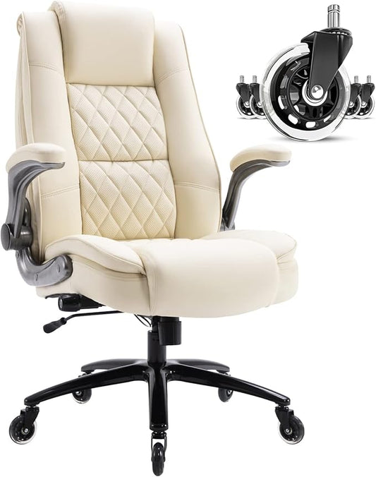 EZAKI High Back Office Chair-Flip-up Arms Executive Computer Desk Chair, Built-in Lumbar Support Thick Padded Adjustable Rock Tension Ergonomic Design for Back Pain (Beige)