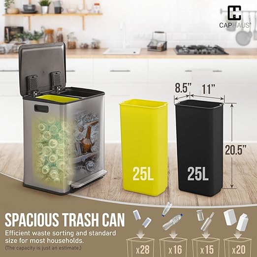 CAPHAUS Dual Trash Can with Lid, Trash and Recycling Bins Combo for Kitchen, Hands-Free Stainless-Steel Garbage Can with 2 Compartment, Hinged Lid, Odor Filter, Handles, 25L+25L, 2 x 6.6 Gallon