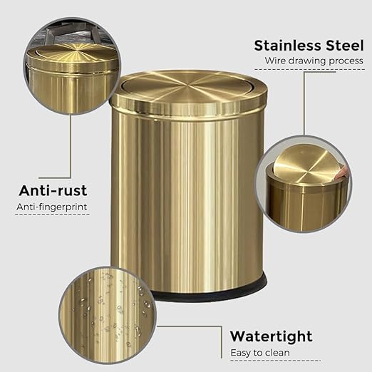 15L/4GAL Gold Bathroom Trash Can, Small Waste Basket with Flipping Lid,Modern Trash can, Golden Trash Can for Bathroom,Kitchen，Living Room,Hotel,Office(Singer Gold)