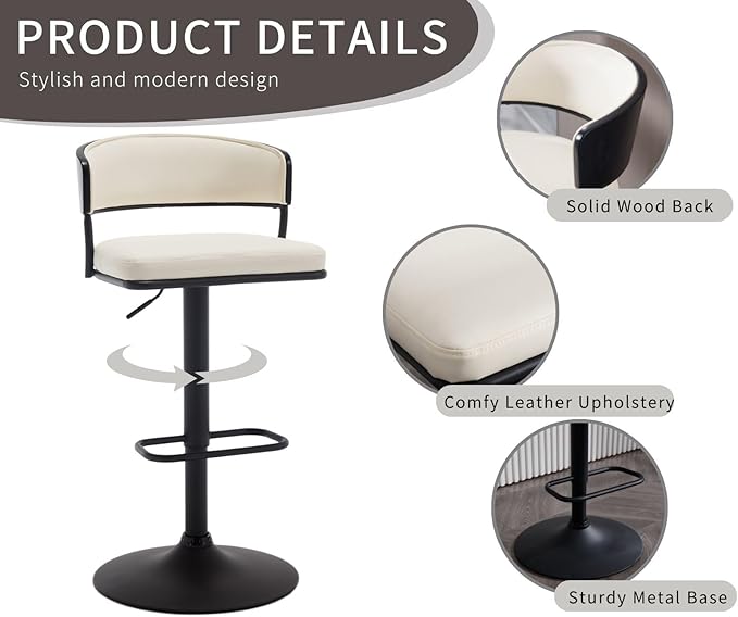 Adjustable Modern Bar Stools Set of 2 Faux Leather Barstools Swivel Counter Height Bar stools with Curved Back/Black Metal Base Comfy Upholstered Bar Chairs for Kitchen Island, Beige