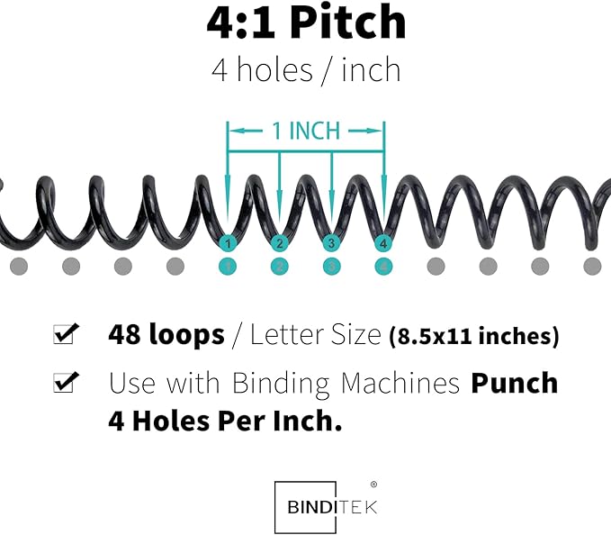 Binditek 50 Pack Plastic Spiral Binding Coils, 6mm(1/4"), 30 Sheet Capacity, 4:1 Pitch, Black, 48Loops, for Letter Size, for Students and Coworkers