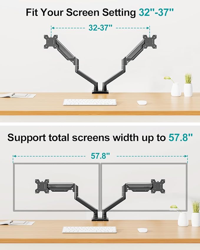 Dual Monitor Desk Mount - Adjustable Monitor Arm for 2 Monitors up to 32 inches/19.8 lbs, Double Monitor Desk Stand VESA Bracket with C-Clamp & Grommet Mounting, Swivel Computer Screen Mount, Freelift