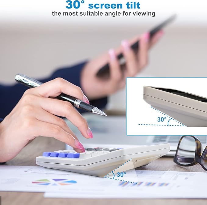 Desk Calculator 12 Digit Extra Large 4.3-Inch LCD Display, Two Way Power Battery and Solar Calculators Desktop, Big Buttons Easy to Press Used as Office Calculators for Desk White