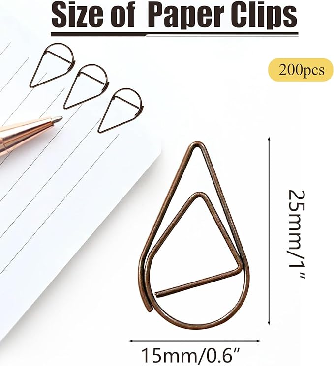 200 Pcs Teardrop Paper Clips Bulk,Stainless Steel Rust-Resistant Paperclips for Wedding Invitations, 3X Stronger Hold with Mirror Polish (Copper, 1inch)