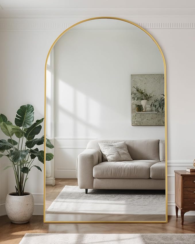 Full Length Mirror, 86"x46" Oversized Floor Mirror Freestanding, Full Body Mirror Floor Standing Mirrors with Stand, Hanging Mounted Mirrors for Bedroom Living Room, Gold, Arched Style