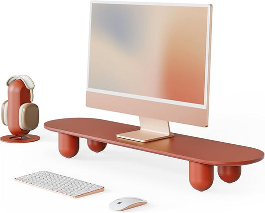 Fenge Monitor Stand Riser, 34 Inch Dual Monitor Riser for Large Monitors, Desk Organizer with Wooden Shelf & Solid Wood Legs, Computer Stand for Laptop, TV, PC, Printer, Red