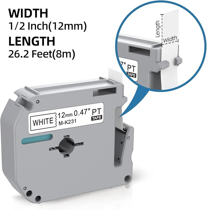 6-Pack Replacement for Brother P Touch M Tape M-K231 MK231 M-K131 MK431 MK531 MK631 MK731 12mm 0.47Inch Compatible with Brother PT-M95 PT-90 PT- PT-65 PT-70 PT-85 Label Makers