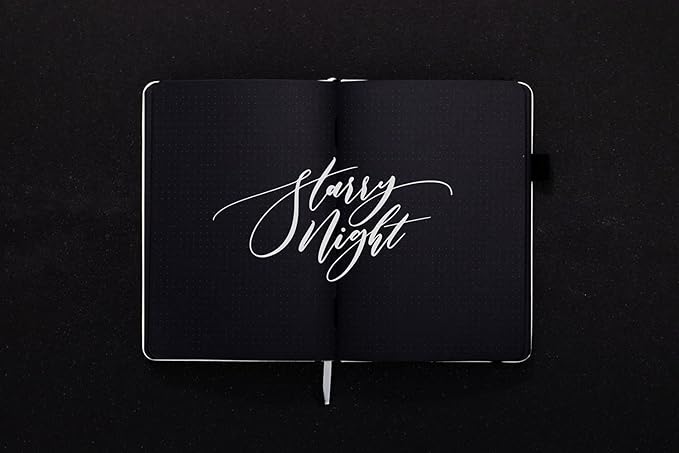 Black Paper Bullet Dotted Journal Notebook | A5 Starry Night by Scribbles That Matter | Free white gel pen | 160gsm Blackout no-bleed dot grid paper | For Men and Women | 5.75 x 8.5 in | White