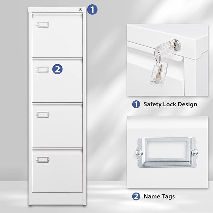 4 Drawer File Cabinet, Filing Cabinets for Home Office, Metal Vertical File Storage Cabinet with Lock, Locking File Cabinet for A4 Legal/Letter, 15" W x 17.7" D x 50.1" H, Assembly Required