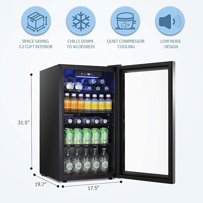 Antarctic Star Beverage Refrigerator Cooler -120 Can Glass Door Mini Fridge, for Soda Cola Beer or Wine Constant Glass Door Small Drink Dispenser Clear Front Door for Home, Bar 3.2cu.ft