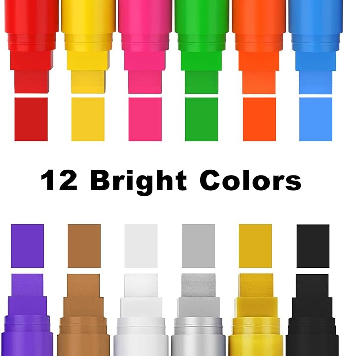 12 Colors Washable Window Markers for Cars, 15mm Jumbo Liquid Chalk Markers, 3 in 1 Nib, Metallic & Neon Paint Glass Pen for Auto, Chalkboard, Blackboard, Bistro, Menus and Any Non-Porous Surface