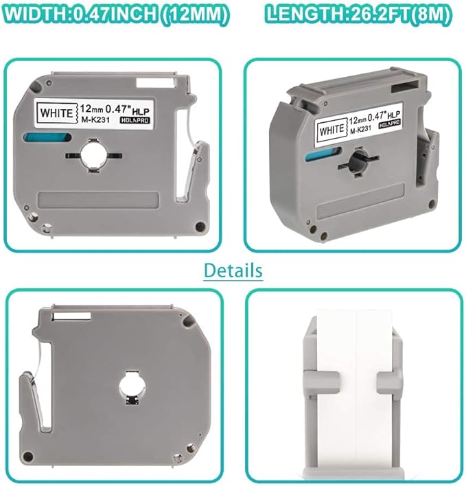 5 x Label Maker Tape Replacement for Brother P Touch M Tape M-K231 M-K231s MK231 MK-231 M231 12mm 0.47 White, Compatible with Brother P Touch PT-M95,PT-90,PT-70,PT-65,PT-85 Label Maker Refills,26.2 Ft