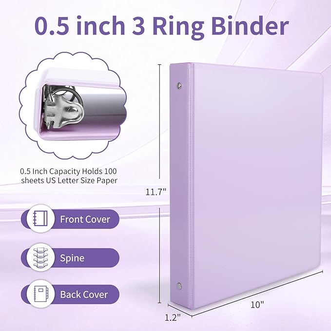 0.5 inch 3-Ring Binder, 1/2 inch Round Ring Binder with 2 Inside Pockets, Clear View Cover Binders Holds 8.5'' x 11''Paper，Pastel Color Binders for Office/Home/School Supply, 6 Pack