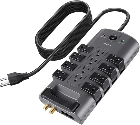 Belkin Surge Protector Power Strip w/ 8 Rotating & 4 Standard Outlets - 8ft Sturdy Extension Cord w/ Flat Pivot Plug for Home, Office, Travel, Desktop & Charging Brick - 4320 Joules of Protection