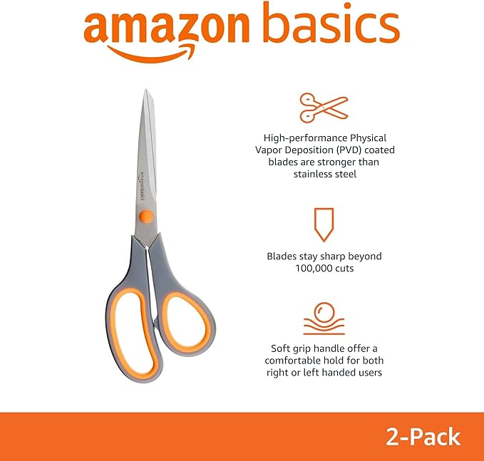 Amazon Basics Stainless Steel Scissors for Office, Crafts, Multipurpose, Sharp, Comfort Grip, PVD Coated, 2 Pack, Green and Grey