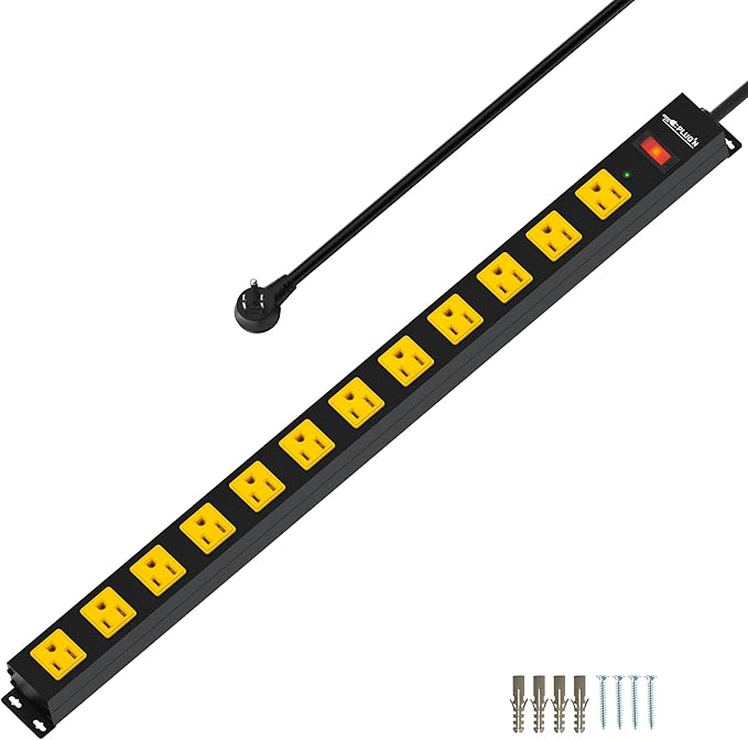 12 Outlet Long Power Strip, 2100 Joules Surge Protector, 6FT Power Cord, Wide Spaced Outlet Power Bar, Overload Protection Switch, Industrial Heavy Duty for Work Bench, Shop, Garage…