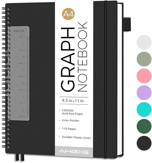 AHGXG Graph Paper Notebook - Spiral Notebook 8.5" x 11", A4 Large Graph Notebook, 100 gsm Thick Grid Paper, Waterproof Plastic Cover Journals for School Writing Engineering Math, Black