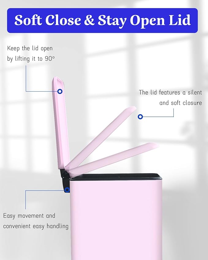 Bathroom Trash Can with Lid, 2.6 Gallon Stainless Steel Slim Garbage Can, Pedal Trash Bin with Removable Liner Bucket, 10L Rectangle Trash Bin for Bedroom, Kitchen, Office (Pink)