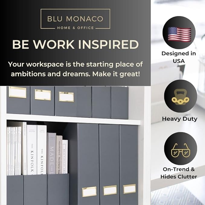 BLU MONACO Set of 6 Foldable Grey Magazine Holders with Gold Label Holders – Stylish File Boxes for Home Office Desktop, Bookshelf, or Classroom Organization