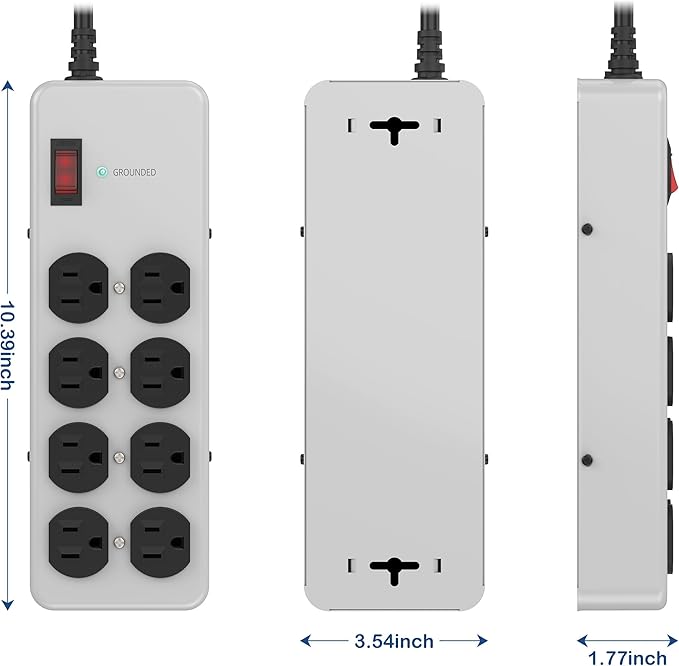 Heavy Duty Power Strip,Industrial Heavy Metal Case Surge Protector,8 AC Outlets,15Amp,2700 Joules,Protected' Indicator,14 Gauge Cord (Grey, 6FT Length)