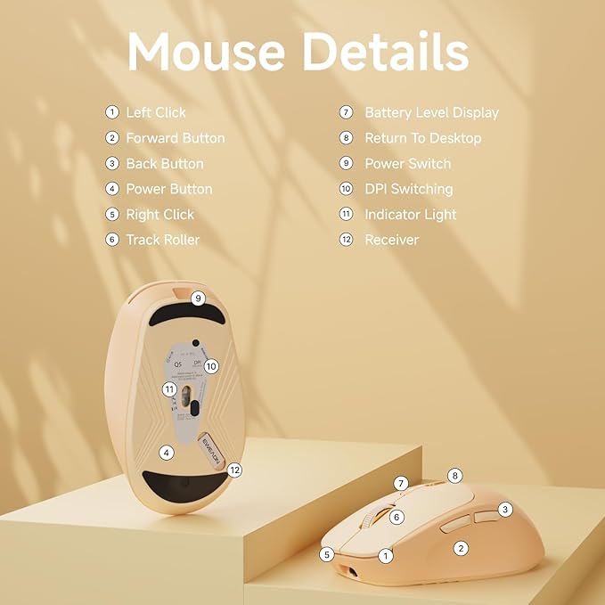 EWEADN Q5 Wireless Mouse, Bluetooth & 2.4G Quiet Computer Mouses with 1600 DPI, Battery Level Display, Ergonomic Office Mouse,6 Button Portable Cute Cordless Mice for Laptop/PC/Mac- Pink