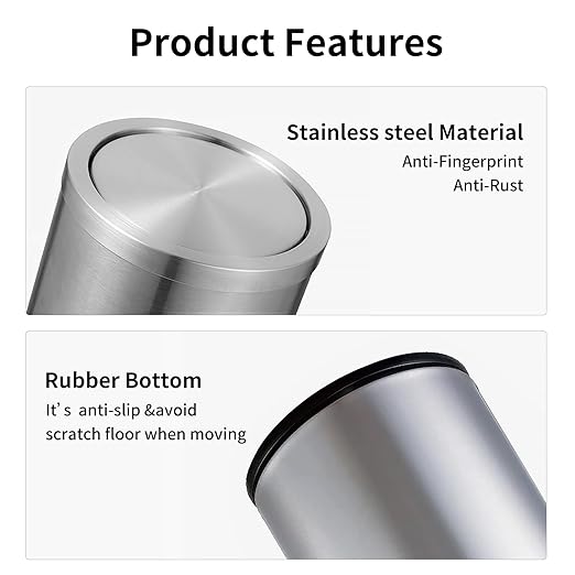 Brushed Gold Bathroom Trash Can with Swing Lid 4.7Gallon,Stainess Steel Garbage Can Trash Bin Wastebaskets for Kitchen,Office,Bedroom (Silver, 4.7 Gallon)