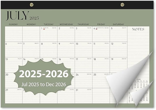 Calendar 2025-2026, Monthly Desktop Large Calendar (July 2025 - December 2026) Desk Wall Planner for Family Office Teacher School, 17" x 12" Green