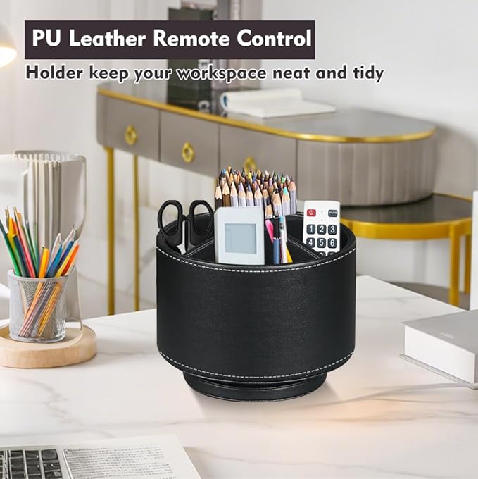 Fanousy 360° Rotating Pen Holder for Desk, Leather Pencil Pen Organizer Remote Control Holder Table Desktop Nightstand Organizer Caddy Storage, Office Desk Organizers And Accessories 5.5x5.5x4.0 Inch