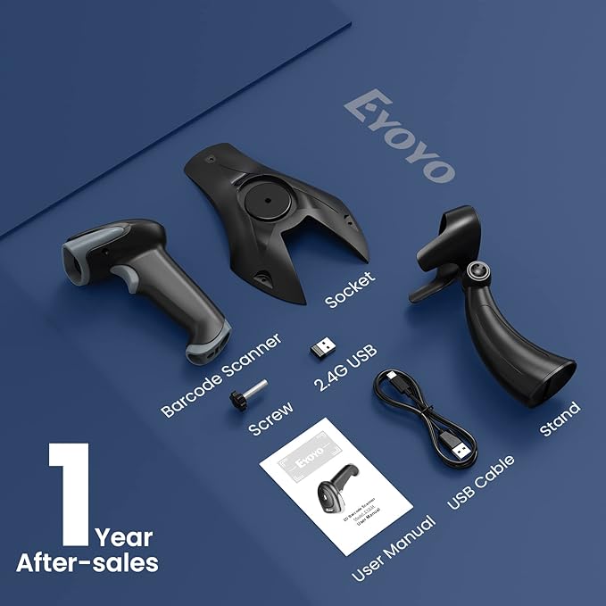 Eyoyo 2D 1D Wireless Barcode Scanner with Stand, 3-in-1 Barcode Reader 2.4G Wireless & Bluetooth & Wired USB Connection, Handheld QR Code Scanner for iPhone, Mac, Android, Store, Warehouse, Library