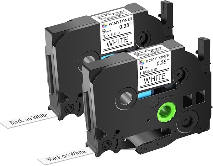 2 Pack 9mm 0.35 TZe-FX221 Laminated Tape Compatible for Ptouch TZ TZe Flexible ID Cable Wires Labels Black on White 3/8" for PT-PD200 D210 D400 D600 H100 H110 P300BT P700 P710BT