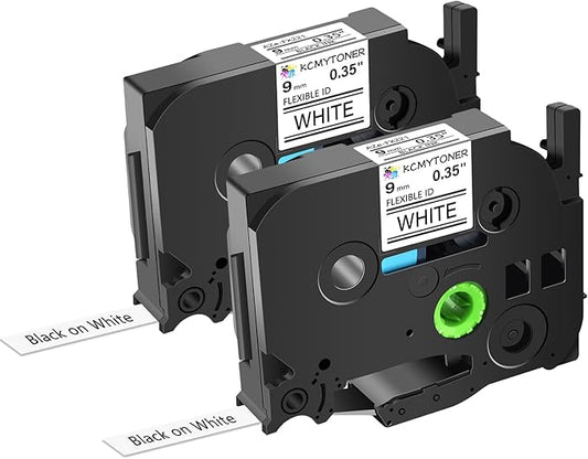 2 Pack 9mm 0.35 TZe-FX221 Laminated Tape Compatible for Ptouch TZ TZe Flexible ID Cable Wires Labels Black on White 3/8" for PT-PD200 D210 D400 D600 H100 H110 P300BT P700 P710BT