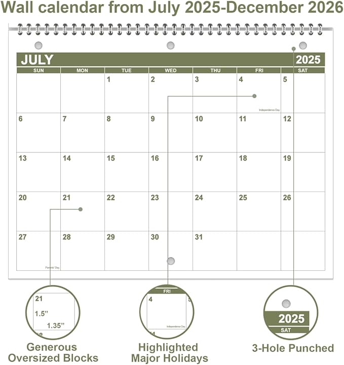 Calendar 2025-2026 for 3 Ring Binder - Calendar 2025-2026 from July 2025 - December 2026, 18 Months Calendar with Premium Paper, 3-Hole Wall Calendar, 8.5" x 11", Green