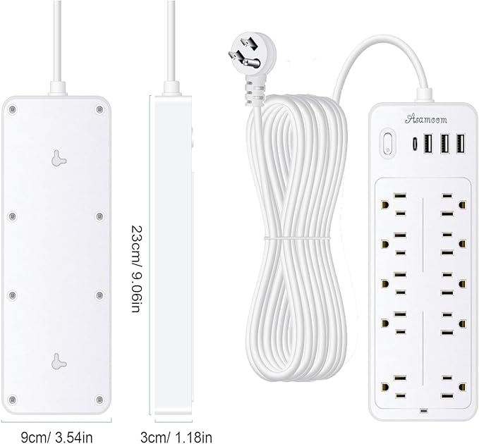 25 FT Power Strip with Surge Protection 1625W/13A, 14 Outlets and 4 USB Ports (1 USB-C), 16AWG, 1700J Flat Plug, White, ETL Listed