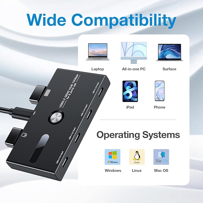 10Gbps USB C Hub, 6 Ports USB C Splitter, USB C to USB C Hub for PC, Laptop, MacBook Pro/Air, iMac, Surface Pro, Chromebook, Etc(HUB ONLY, Not Support Charging/Monitor)