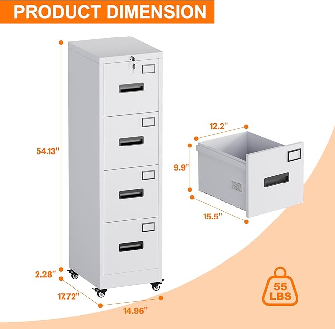 Aobabo 56" H 4 Drawer Moblie Office File Cabinet with Lock, Rolling Metal Filing Storage Cabinet, Legal/Letter A4 Size, White, Assembly Required