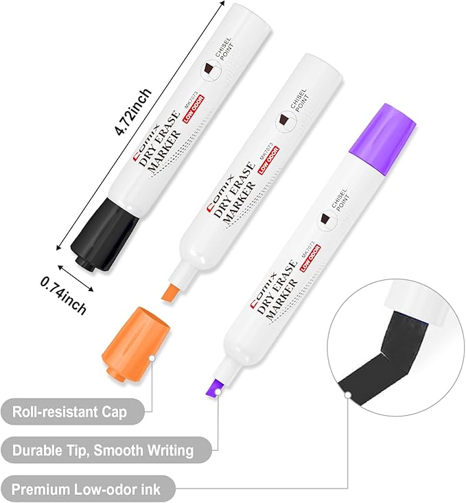 Comix Dry Erase Markers, Chisel Tip White Board Markers, 36 Bulk 12 Assorted Colors Low Odor Markers for Teachers Office & School Supplies