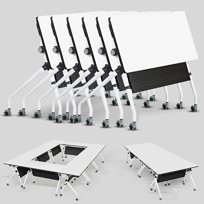 Conference Table, Folding Conference Room Tables, Mobile Training Tables with Silent Wheels, Large Rectangular Modular Seminar Table Office Computer Desks for Classroom White (6Pack L70.9in)