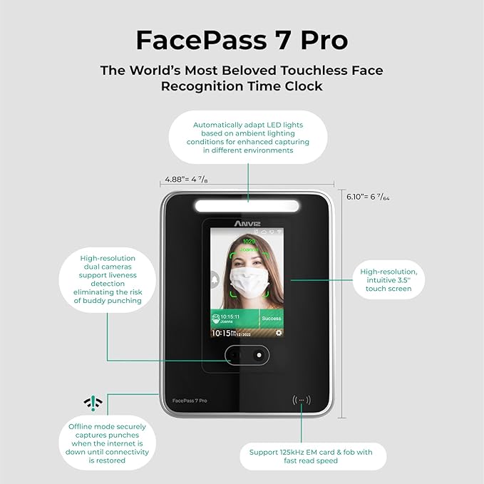 ANVIZ Time Clocks for Employees Small Business - FacePass 7 Pro Biometric Clock in and Out Machine - Face + RFID + Pin Punching in one, Support Door Access, Forever Free Cloud Software