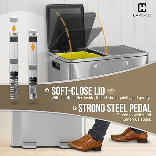 CAPHAUS Black Dual Trash Can w/Double Lid, Trash & Recycle Bins Combo, Hands-Free Stainless-Steel Garbage Can for Kitchen, with 2 Compartment, Hinged Lid, Odor Filters, Handles, 30L+30L, 2 x 8 Gal